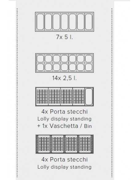 Vetrina gelateria - Temperatura -5°/-20°C - Vaschette n. 7 da litri 5 o 14 da litri 2.5 - Cm 133.7 x 67.7 x 119 h