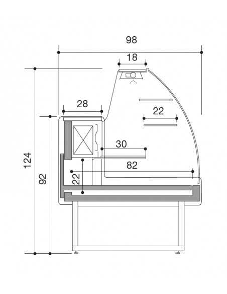 Food counter - Curved glass - Static with sliding drawer - Temperature +4+6 °C - cm 290 x 98 x 124 h