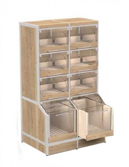 Espositore con cassetti e cassettoni - 6+2 scomparti - Telaio tubolare in acciaio - cm 98 x 70 x 170h
