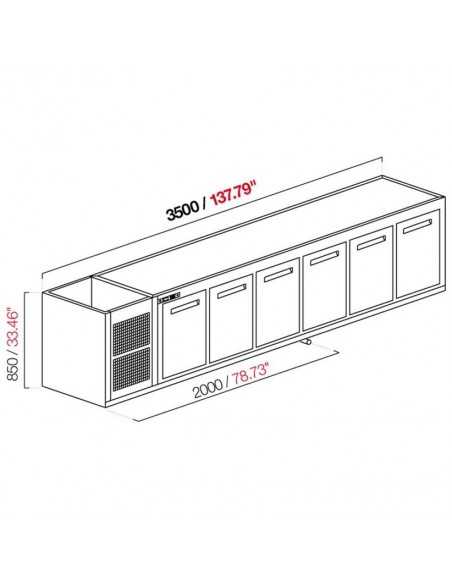 Built-in refrigerated cell - Temperature +4°/+8°C - With built-in condensing unit - Dimensions 350 x 68.5 x 85 h cm