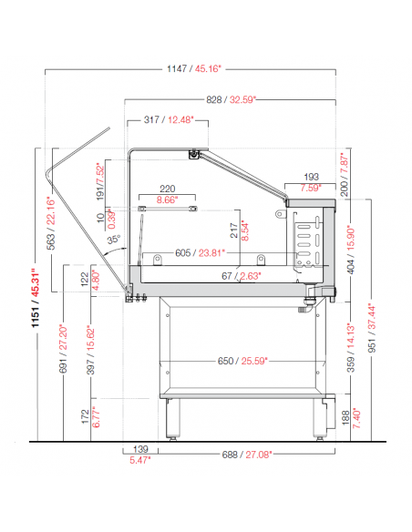 Vitrina estática combinada/bocadillo caliente y seco - Cristales rectos bajos en L - Dimensiones varios