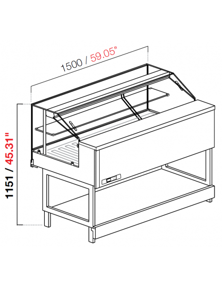 Dry hot snack display cabinet - Temperature +80°C - Low straight glasses - Various dimensions