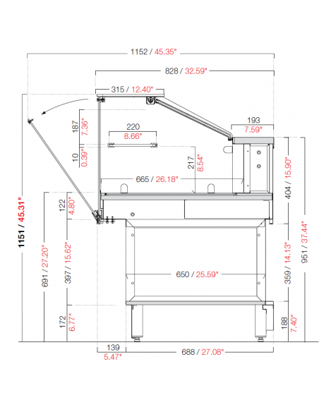 Dry hot snack display cabinet - Temperature +80°C - Low straight glasses - Various dimensions