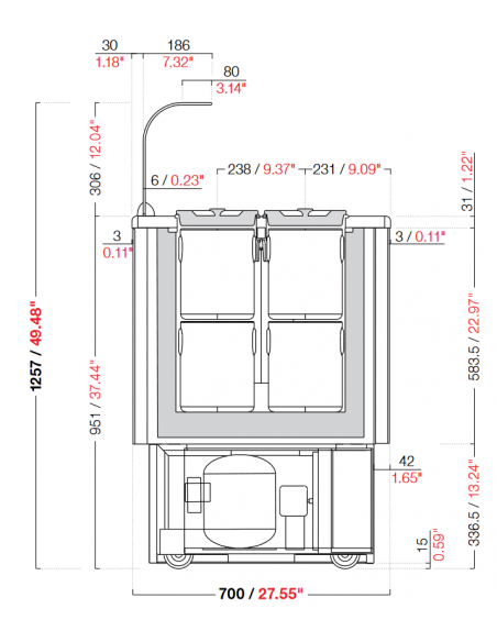 Pozzetti Conservator - Temperature -2°C/-18°C - Capacity 8 + 8 carapines - Monophase- cm L 130 x P 70 x H 125.7