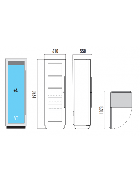 Vetrina vini - Ventilata - Temperatura +4+18°C - Tubi in acciaio e cassetti in legno estraibili - cm 61x55x197 h