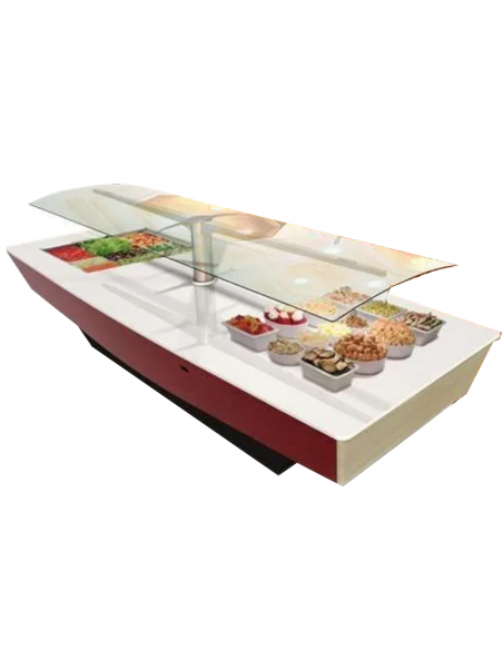 Isola espositiva buffet - Top in quarzo bianco - Vasche personalizzabili - cm 438 x 154 x 133 h
