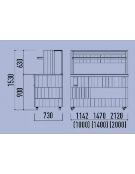 Espositore buffet bagnomaria -  A muro -Temperatura +30 +80 °C - Top al quarzo - cm 212 x 73 x 153 h
