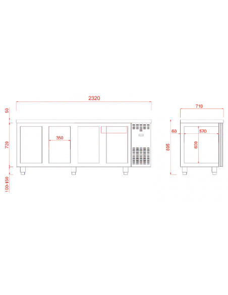 Mesa refrigerada - Acero inoxidable - 4 puertas - Capacidad Lt. 600 - Temperatura -2/+8°C - cm 232 x 71 x 89 h