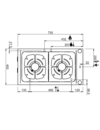 Cucina gas - N. 2 fuochi - Potenza kW 5.5 + 5.5...