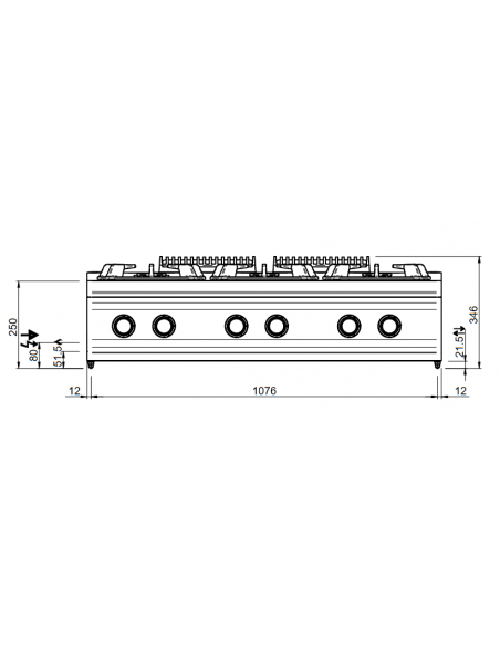 Gas cooker - No. 6 fires - Power burner kW 5.5 - Open compartment - Cm 110 x 73 x 85 h