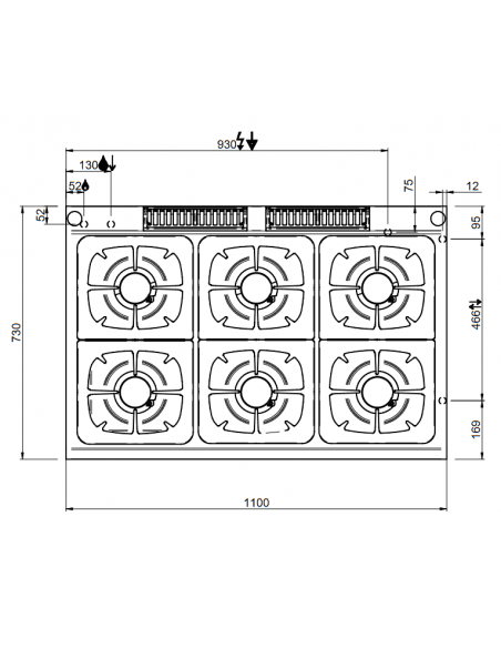 Cucina gas - N. 6 fuochi - Potenza bruciatore kW 5.5 - Forno gas statico - Potenza forno kw 8 - Cm 110 x 73 x 85 h