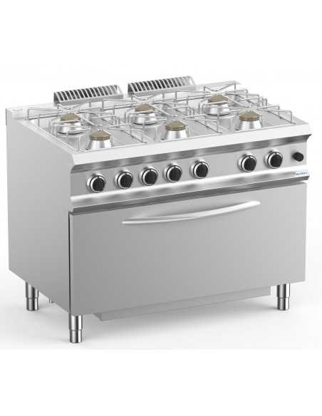 Cocina de gas - N. 6 quemadores - Energía quemador kW 7 - Horno de gas estático - Energía horno kw 8 - Cm 110 x 73 x 85 h