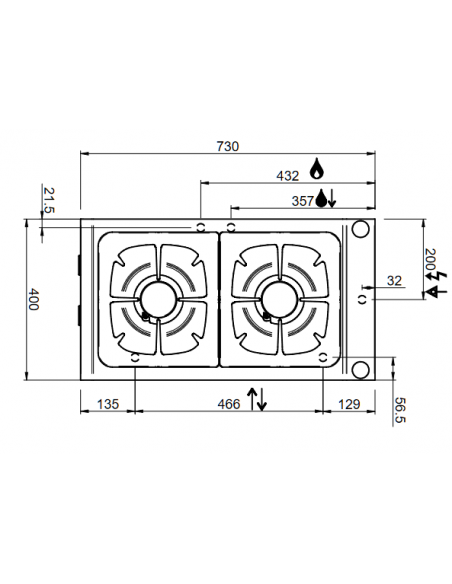 Cucina gas - N. 2 fuochi - Potenza kW 7 + 7 - Da appoggio - Cm 40 x 73 x 25 h