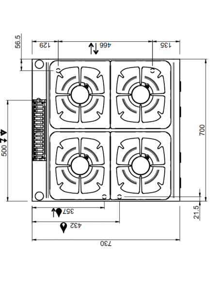 Cocina de gas - N. 4 quemadores - Energía quemadores kW 5.5 - Encimera - Cm 70 x 73 x 25 h