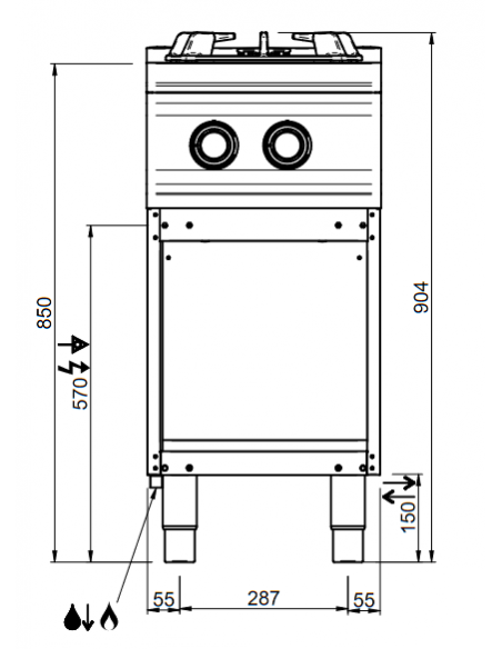 Cucina gas - N. 2 fuochi - Potenza kW 7 + 7 - Vano aperto - Cm 40 x 90 x 85 h