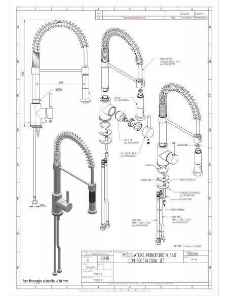 Tap single hole - Swivel barrel - Double jet shower - Height 44 cm
