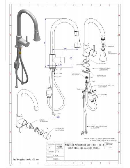 Tap single hole - swivel barrel - pull-out shower - Height 37 cm