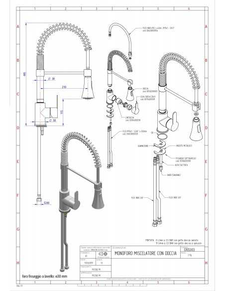 Miscelatore mono foro - Canna girevole - Doccia dual jet - Altezza 44.5 cm