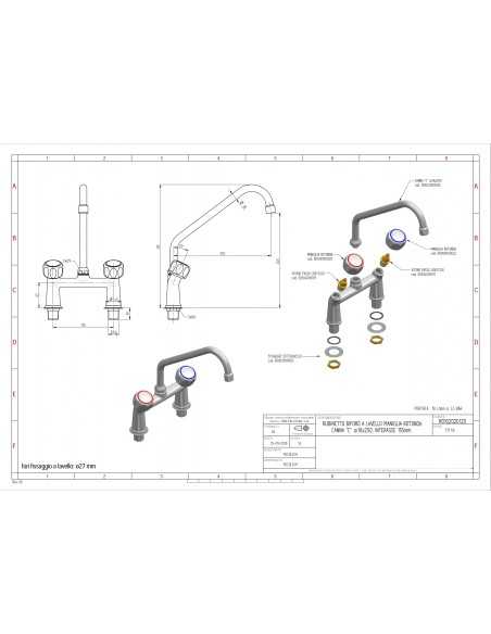 Grifo biforo - Canal giratorio "C" - Distancia entre ejes 15,5 cm - Dimensiones cm Ø 1,8 x 25