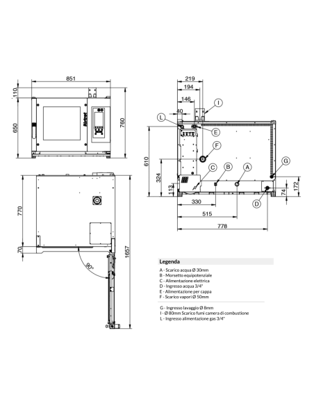 Horno de convección y vapor - A gas - Pantalla táctil - N.4 x cm 40 x 60/46x66 - cm 85 x 93 x 78 h