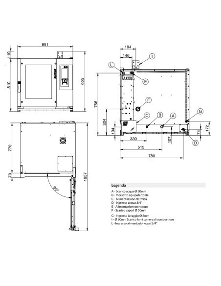 Forno a convenzione e vapore - A gas - Touch screen - N. 6 x cm 40 x 60/46x66- cm 85 x 93 x 94 h