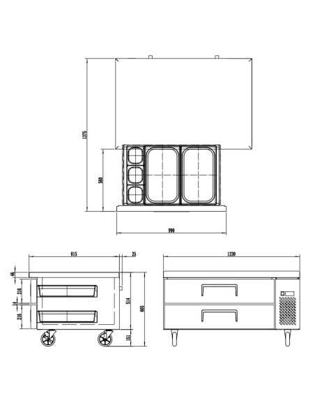 Mesa refrigerada - Temperatura -2°/ +8°C - Ventilada - Capacidad lt 215 -2 Cajones gastronorm GN 1/1 - cm 123 x 81,5 x 53 h
