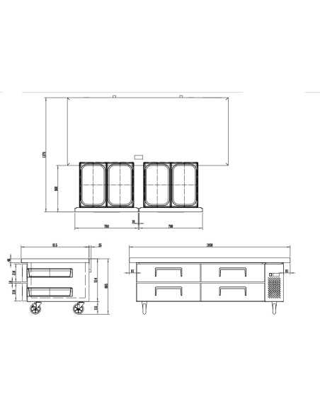Tavolo refrigerato - Temp. -2°/+8°C - Ventilato - Capacità lt 340 - 4 cassetti - Piano da appoggio lungo - cm 193 x 81.5 x 53 h
