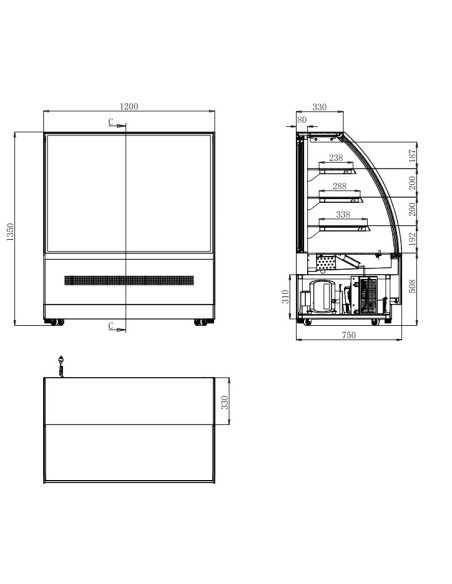 Vitrina pastelería - Temperatura +0°/ +8°C - Cristal curvado - 3 estantes intermedios - Ventilado - cm 120 x 75 x 135 h