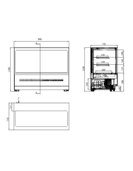Vetrina pasticceria - Temp. +0°/+8°C - Capacità Lt. 309 - Vetro dritto - 2 ripiani intermedi - Ventilato - cm 90 x 75 x 120 h