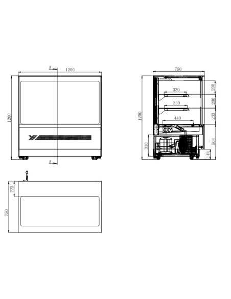 Vetrina pasticceria - Temp. +0°/+8°C - Capacità Lt. 429 - Vetro dritto - 2 ripiani intermedi - Ventilato - cm 120 x 75 x 120h