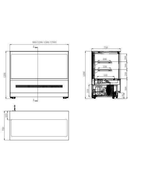 Pastry glass - Temperature +0°/+8°C - Capacity lt. 572 - Straight glass - 2 intermediate shelves - Ventilate - cm 150 x 75 h