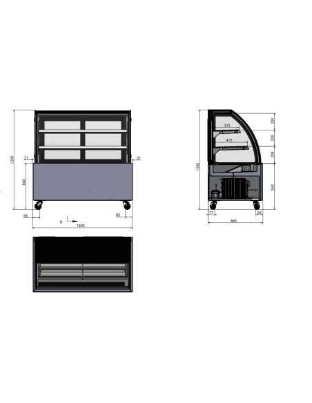 Vetrina pasticceria - Temp. +2°/+8°C - Capacità Lt. 380 - Vetro curvo - 2 ripiani intermedi - Ventilato - cm 150 x 66 x 120 h