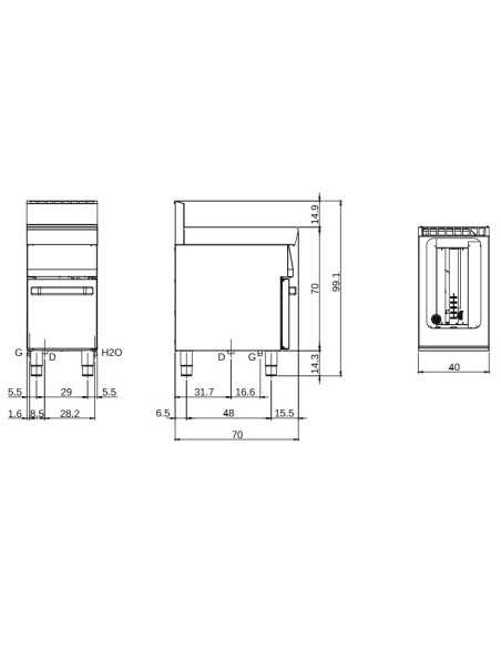 Cocedor de pasta a gas - Olla individual 40 litros - Energía kW 11.8 - Dimensiones cm 40 x 70 x 85 h