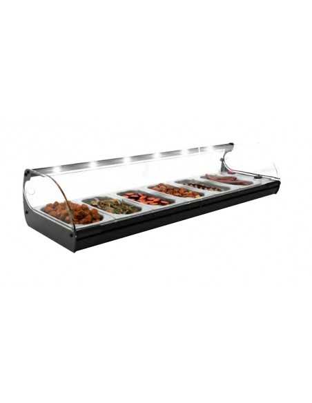 Espositore bagnomaria - Temperatura +30°/+80°C - Contenitori n° 6 x GN 1/3 x H40 - Cm 119 x 39.5 x 24.5 h