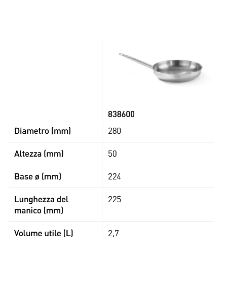 Padella per fritture - Con fondo incapsulato a sandwich - Senza coperchio - Lungo manico in acciaio - Varie dimensioni