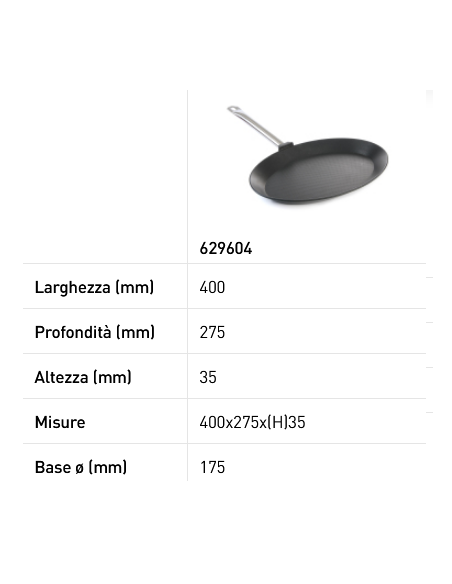 Padella per frittura pesce - Realizzata in fusione di alluminio - Resistente fino a 250 °C - mm 400 x 275 x 35h