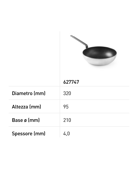 Padella "Wok" - In alluminio - Con fondo per induzione - Resistente fino a 250 °C - mm Ø 320 x 20h