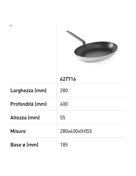 Sartén ovalada para pescado - En aluminio - Con fondo de inducción - Resistente hasta 250 °C - Ø 280 x 400 x 55h