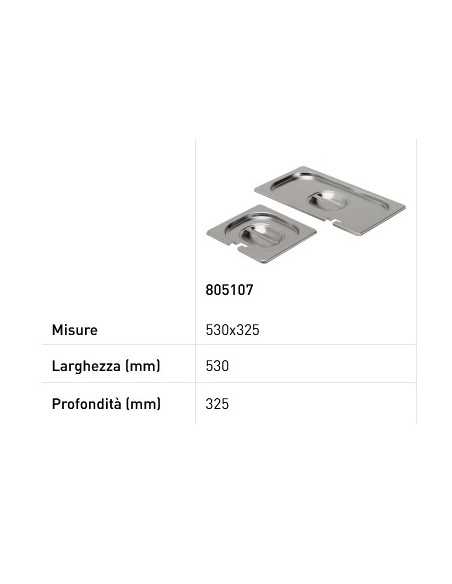 Coperchio per teglie GN 1/6 - Con scanso per cucchiaio - Acciaio inossidabile - mm 176 x 162
