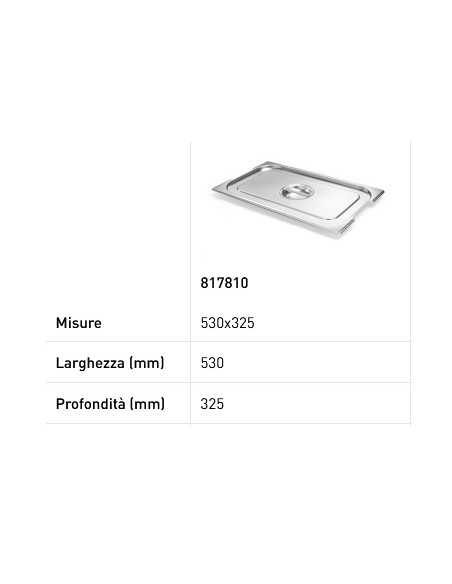 Coperchio per teglie GN 1/1 - Con incavi per le maniglie - Acciaio inossidabile - mm 530 x 325
