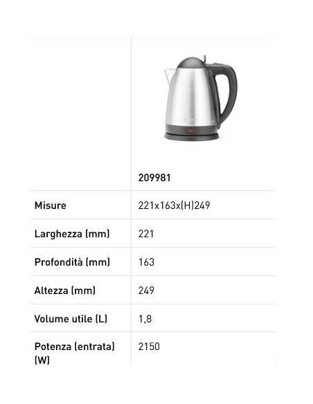 Bollitore elettrico professionale 1,8 litri per acqua