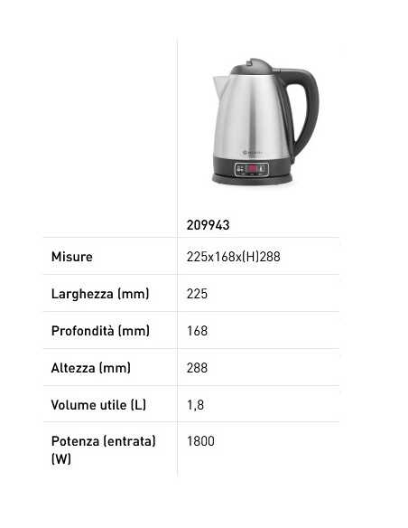 Bollitore elettrico cordless - Capacità Lt. 1,8 - Controllo della temperatura - Solo per acqua - mm 221 x 163 x 249h