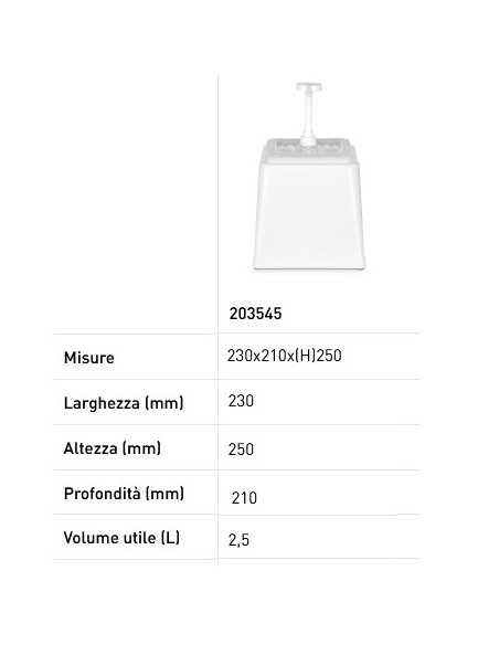 Dispensador de salsas con bomba - Blanco - Capacidad Lt. 2,5 - Dosificación 20 ml - mm 230 x 210 x 250h