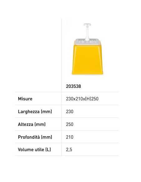 Dosatore per salse con pompa - Color giallo - Capacità Lt. 2.5 - Dosaggio 20 ml - mm 230 x 210 x 250h