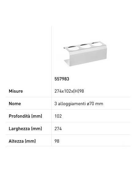 Dispenser support - For Ø mm 50 dispensers - 3 slots - mm 209 x 80 x 78h