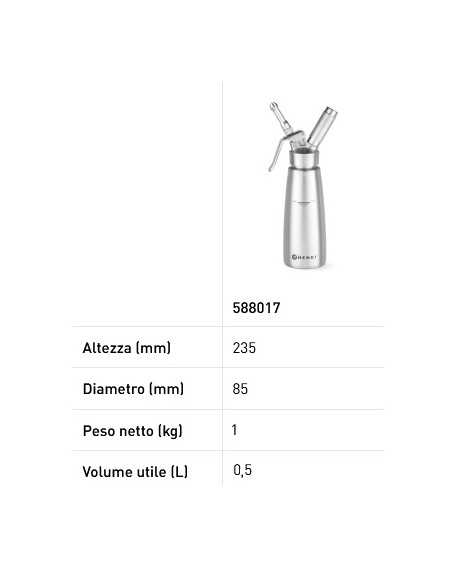 Profi Line cream siphon - Capacity Lt. 0.5 - Suitable for creams up to 70°C - Ø mm 85 x 235h