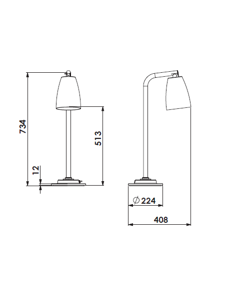 Heating lamp - Fixed arm - Dimensions 22.4 x 40.8 x 73.4 h cm