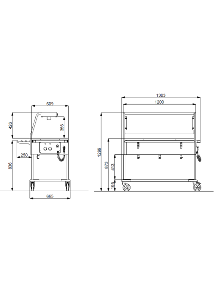 Carro térmico - Lámparas halógenas - Depósitos separados - Capacidad 3 x GN 1/1 - Led - cm 130,3 x 66,5 x 129,9 h