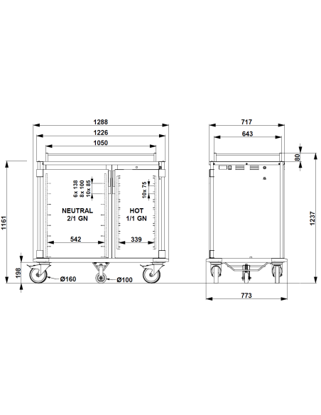 Carrello termico -  Doppio compartimento - Capacità 10 x GN 1/1 + 8 x GN 2/1 - cm 128.8 x 77.3 x 123.7 h