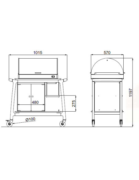 Carro con vitrina refrigerada - Madera maciza - N.1 estante - N.2 vitrinas - cm 101.5 x 57 x 119.7 h